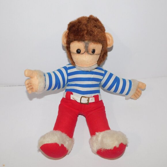 Vintage 15" Plush Stuffed Monkey In Blue White Striped Shirt Red Pants Chimp Ape - Picture 6 of 6